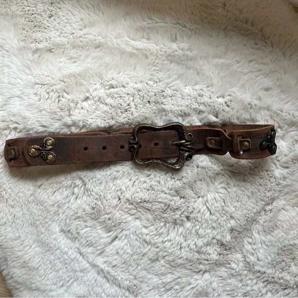 Papa & K Vintage Handmade Brown Distressed Leather Hammered Metal Belt